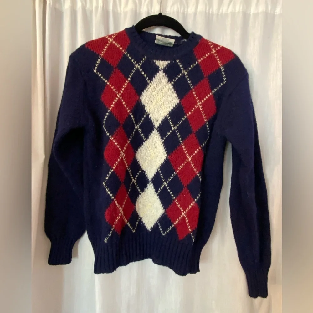 Vintage Billy Kelly 100% Wool Argyle Navy Blue & Maroon Sweater Made in Ireland - Picture 1 of 7